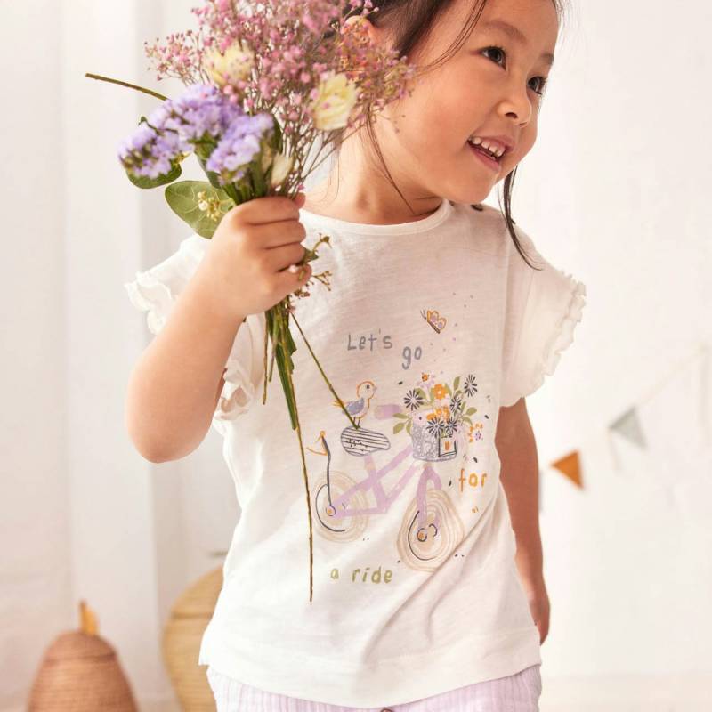 Luftiges T-Shirt Rüschenärmel Fahrrad weiß 62/68