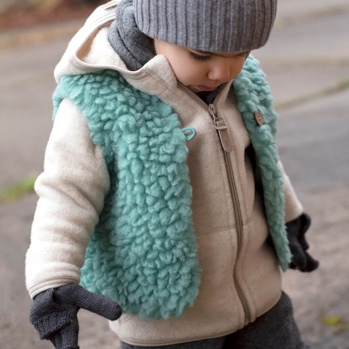 Merinowolle Fleece Jacke Kapuze wollweiss 110/116