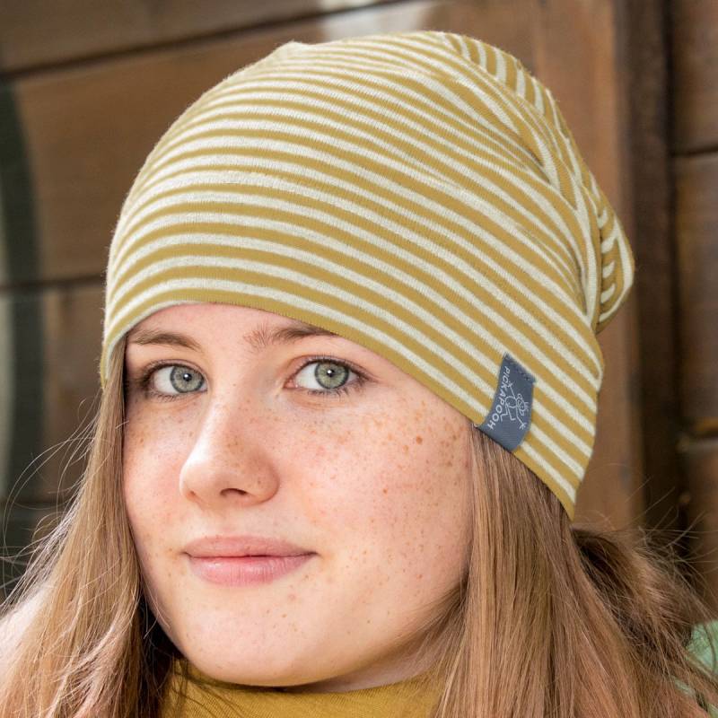 Mitwachsende Beanie Mütze Wolle Seide senfgelb gestreift 48/50/52 Mitwachsende Beanie Mütze Wolle Seide senfgelb gestreift 48/50/52