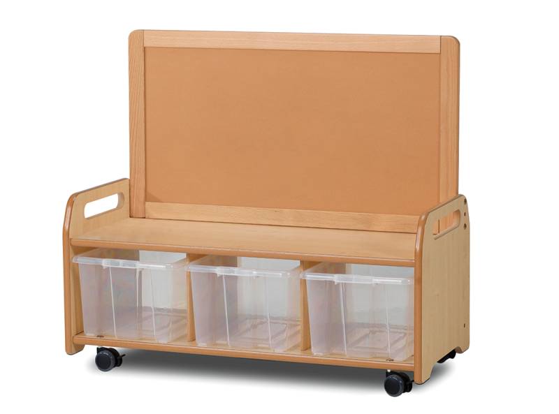 Mobiles, niedriges Aufbewahrungssystem mit 3 transparenten Behältern Mobiles, niedriges Aufbewahrungssystem mit 3 transparenten Behältern
