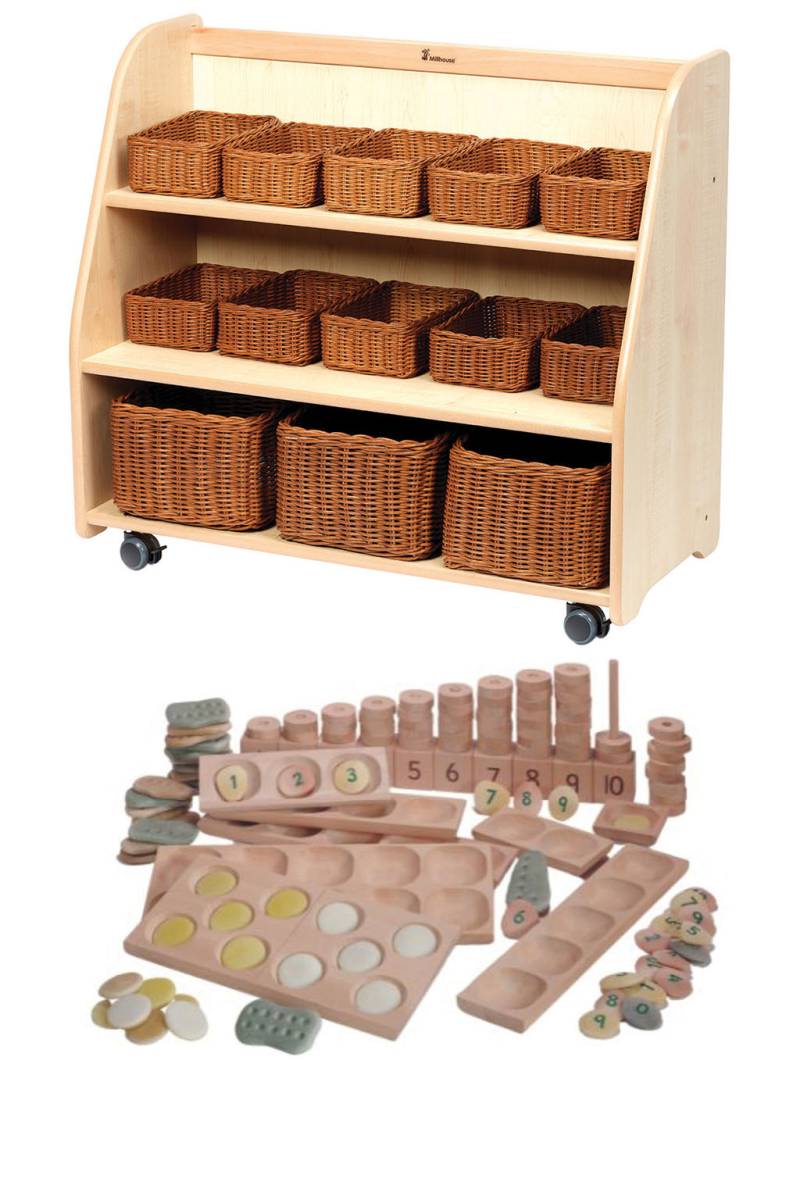 Mobiles Stufenregal mit Spiegelrückwand, Körben und PT1146 Kleinteile-Set