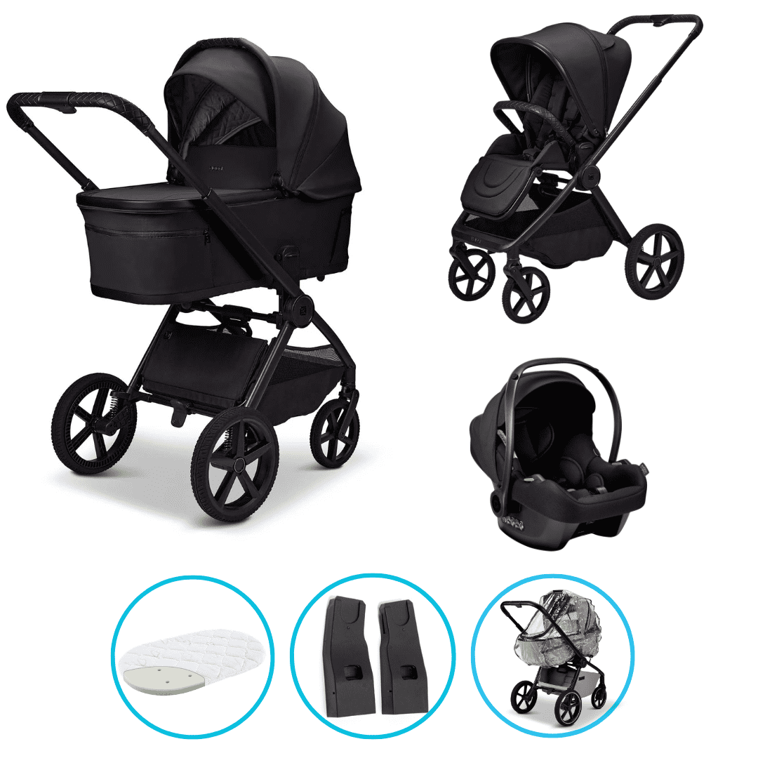 Moon GIO Fold 3in 1 Kombikinderwagen Onyx Black mit Babyschale Cosmo 2.0 und Lightweight-Rädern inkl. GRATIS Regenverdeck