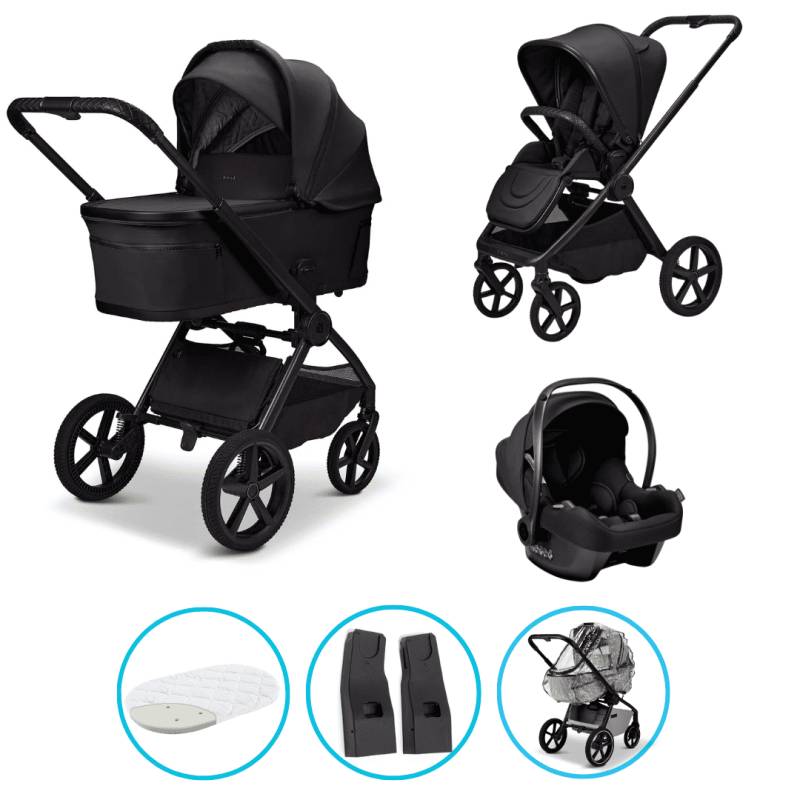 Moon GIO Fold 3in 1 Kombikinderwagen Onyx Black mit Babyschale Cosmo 2.0 und Lightweight-Rädern inkl. GRATIS Regenverdeck