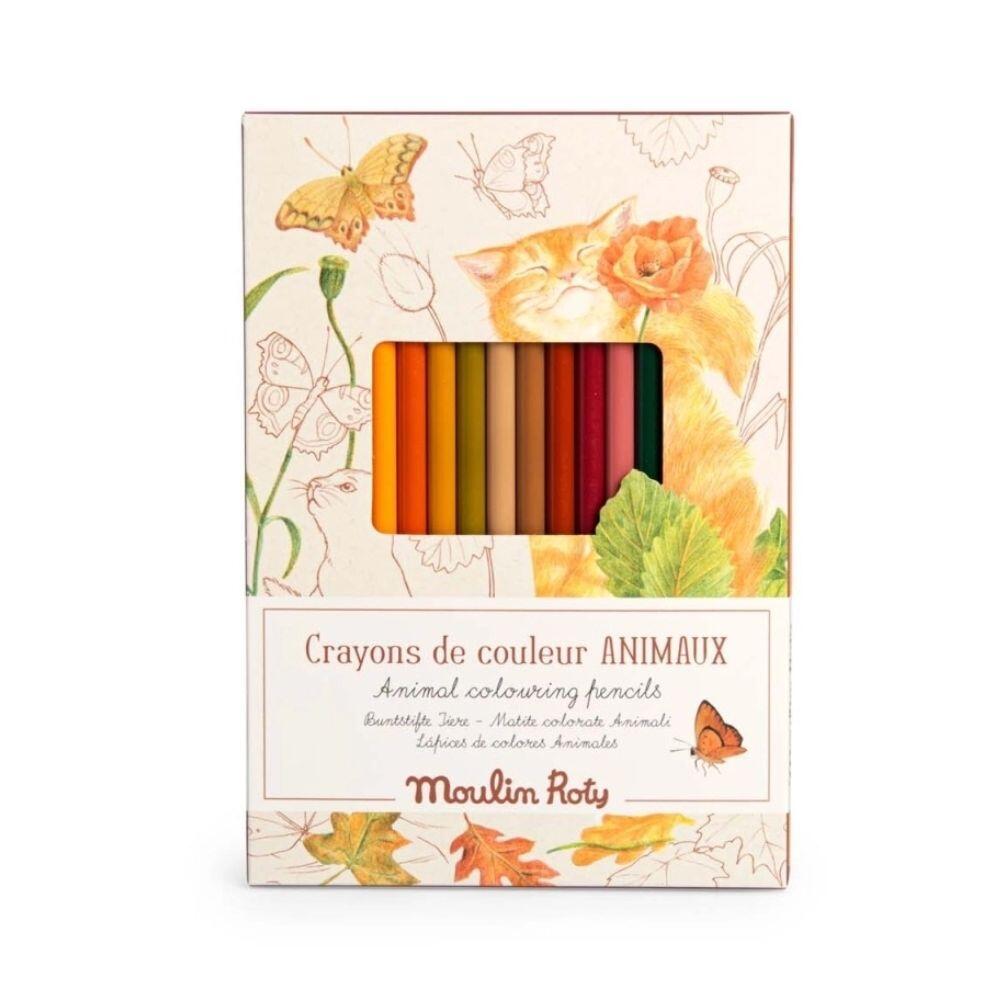 Moulin Roty - 12 Buntstifte + 3 Ausmalbilder Tiere