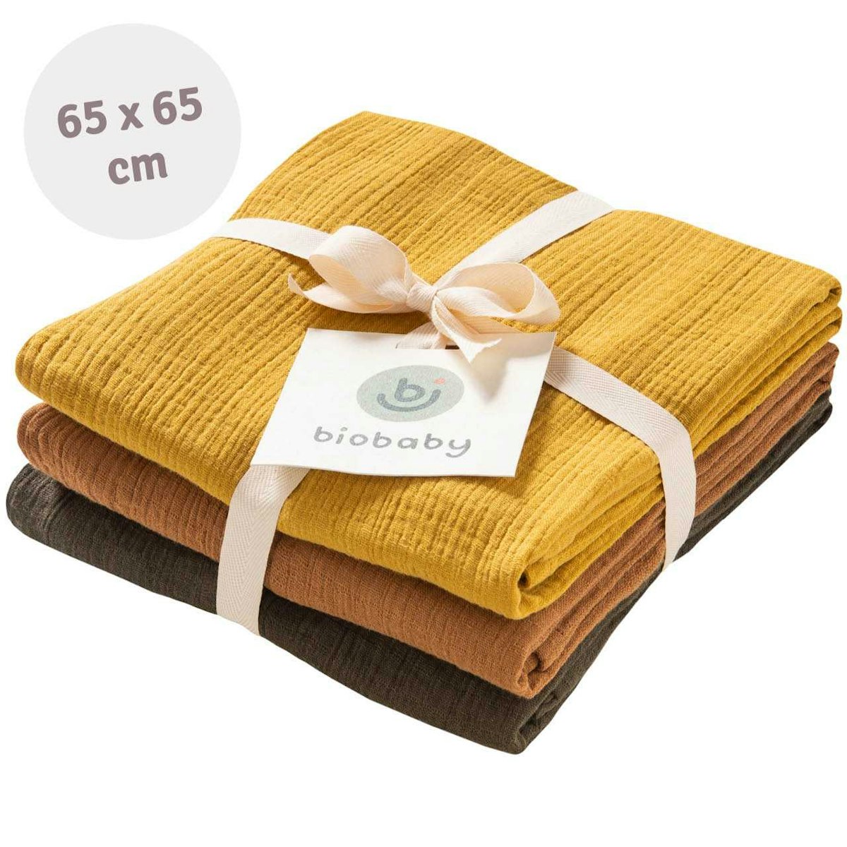 Mulltuch 3er Pack 65 x 65 cm khaki, karamell, senfgelb