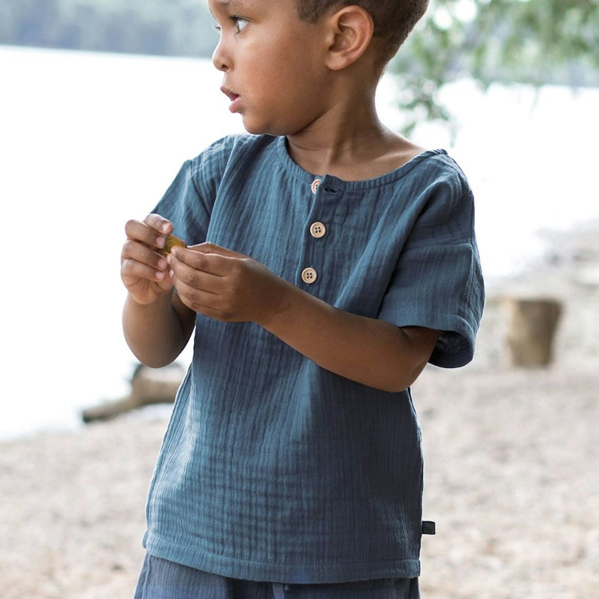 Musselin Shirt kurzarm uni blau 140