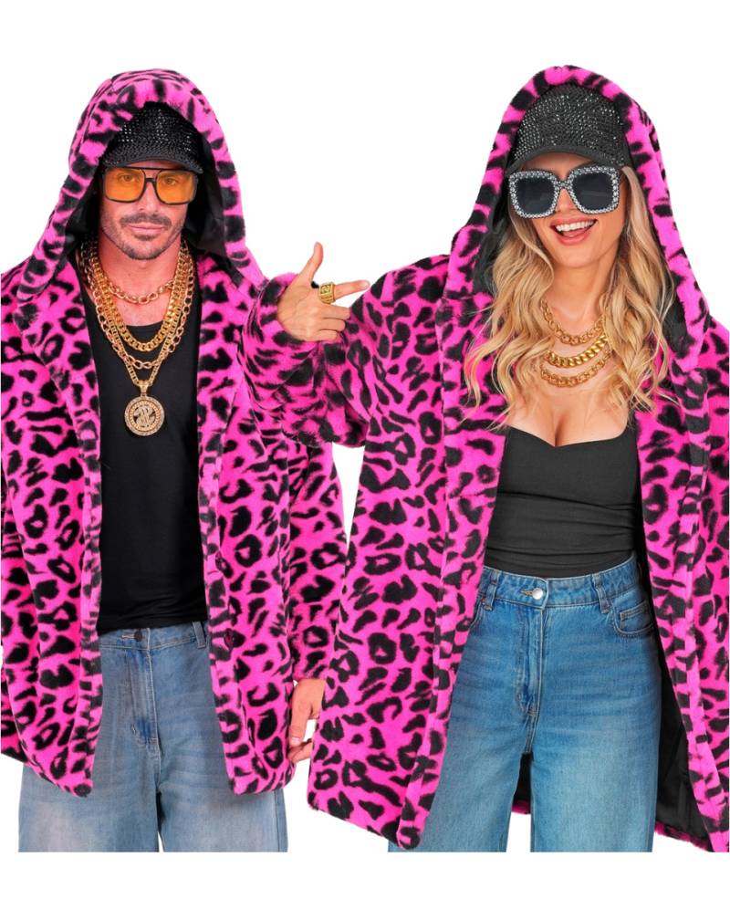 Neon Pinke Plüschjacke mit Leopardenmuster & Kapuze Neon Pinke Plüschjacke mit Leopardenmuster & Kapuze