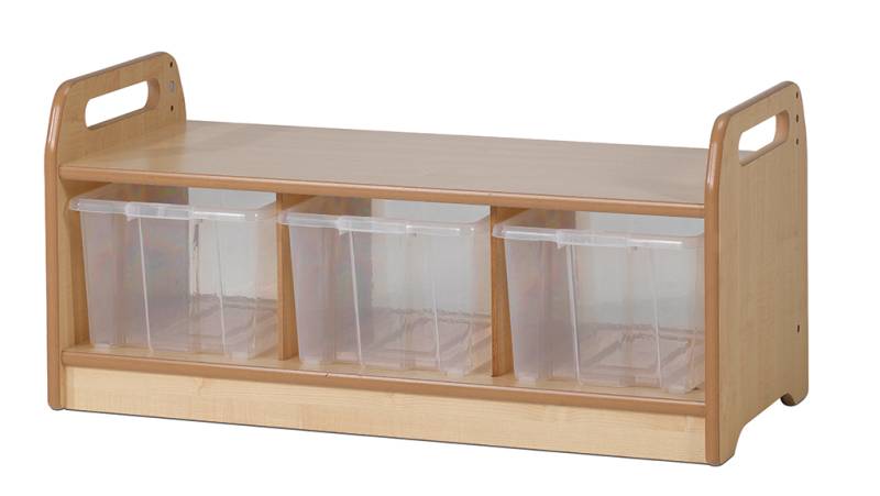 Niedrige Aufbewahrungsbank mit 3 durchsichtigen Behältern