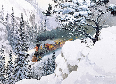 Nostalgischer Zug auf der Reise durch die verschneiten Berge