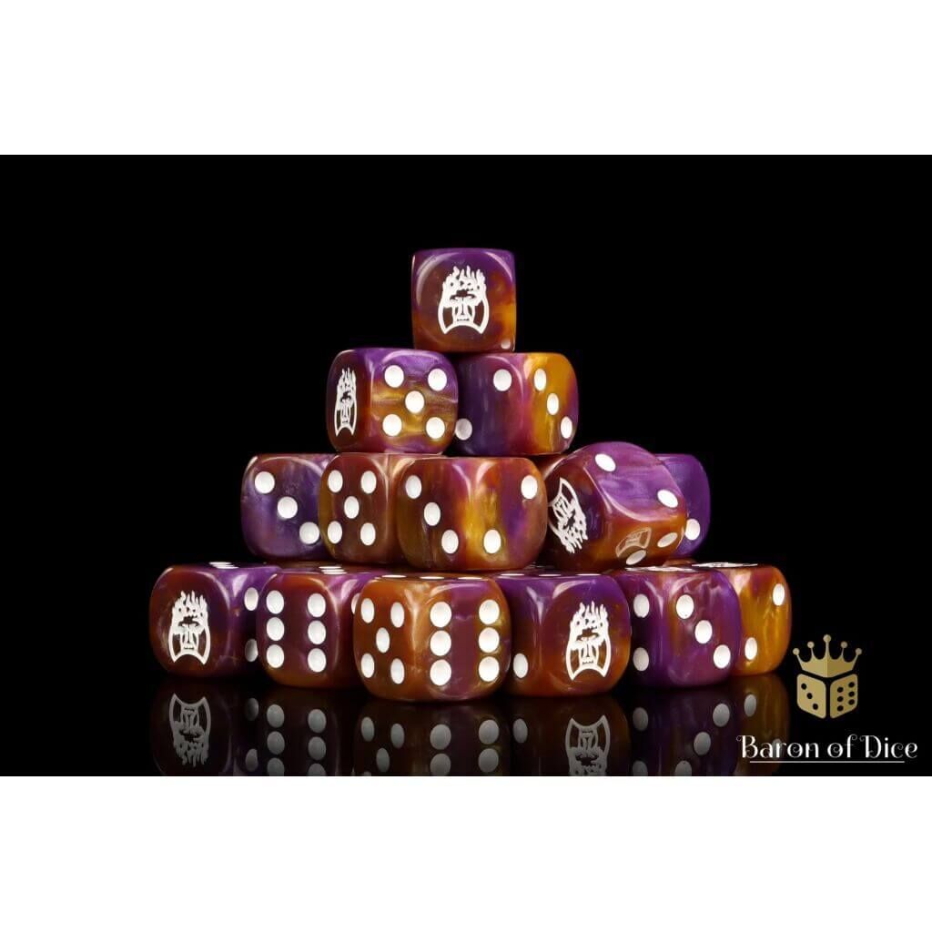 Old Dominion Faction Dice on Purple and Gold Dice