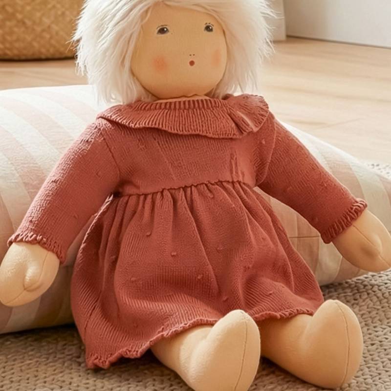 Puppen-Strickkleid 35-45cm pfirsich, Bio-Baumwolle Puppen-Strickkleid 35-45cm pfirsich, Bio-Baumwolle