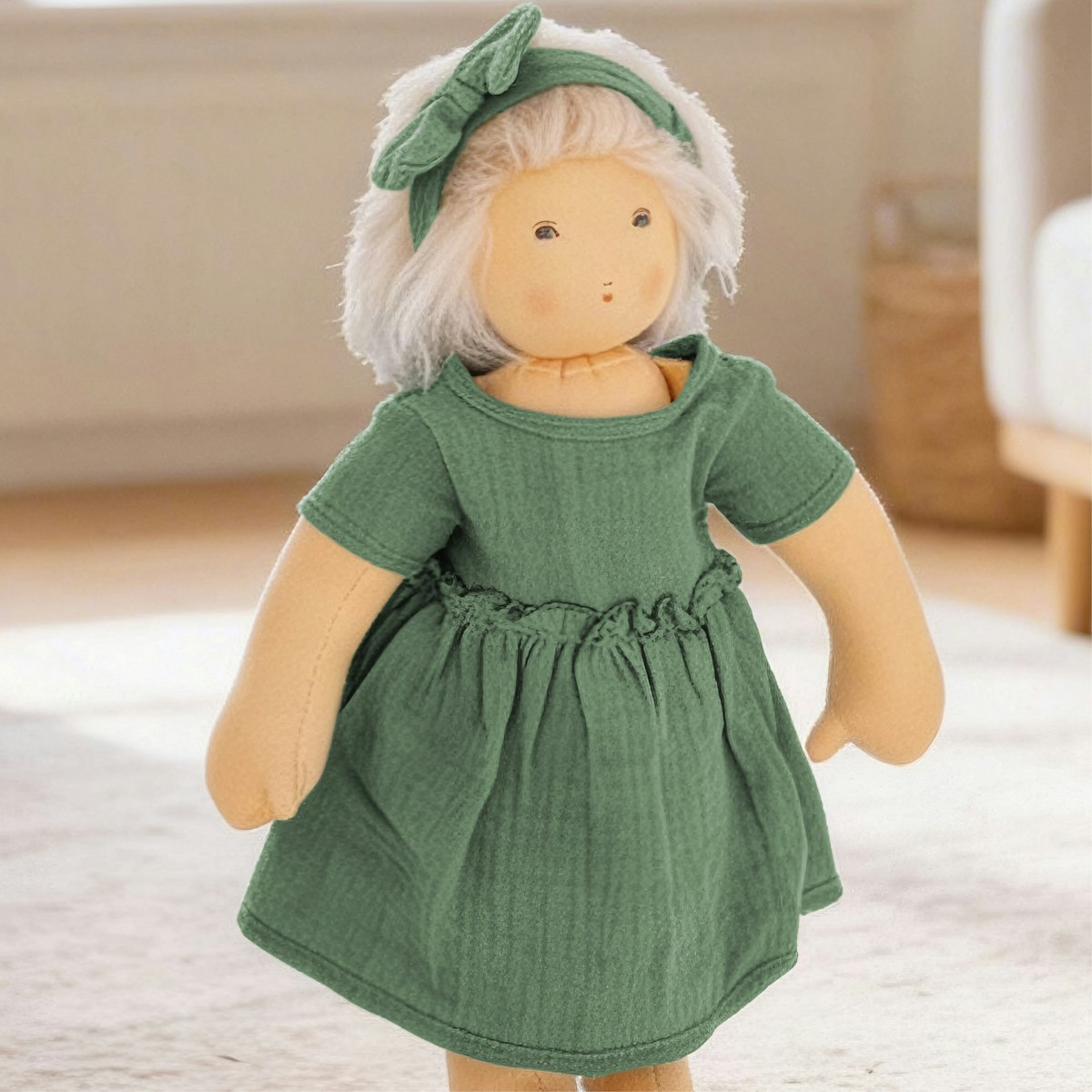 Puppenkleid 35-45cm mit Haarband grün, Bio-Baumwolle