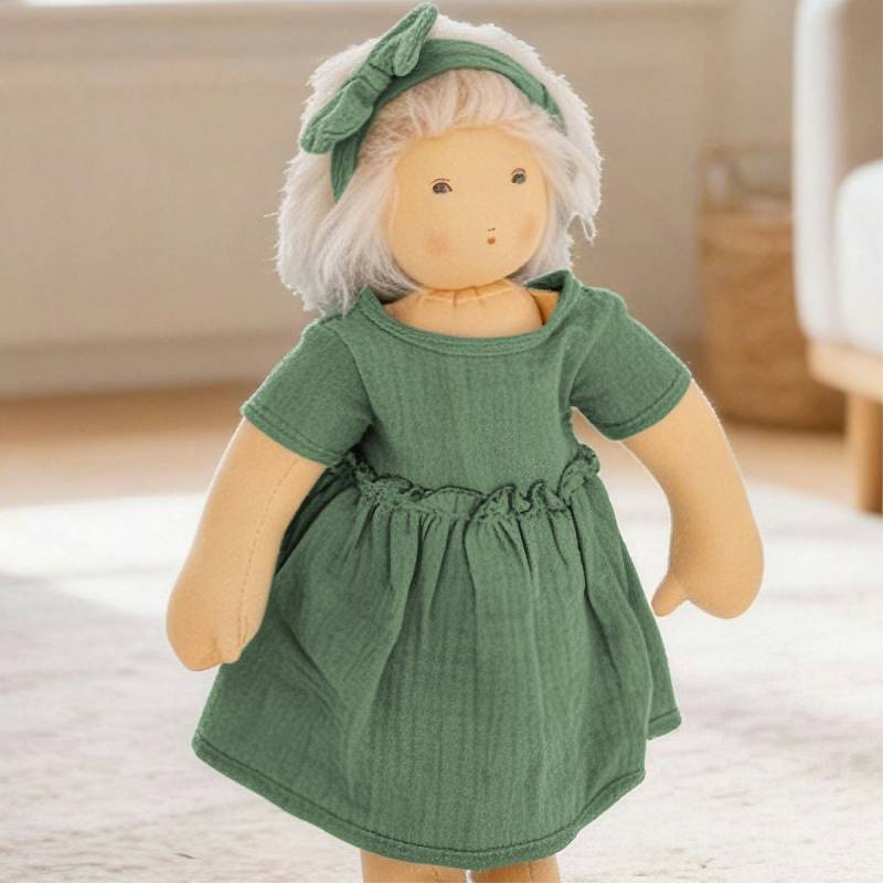 Puppenkleid 35-45cm mit Haarband grün, Bio-Baumwolle