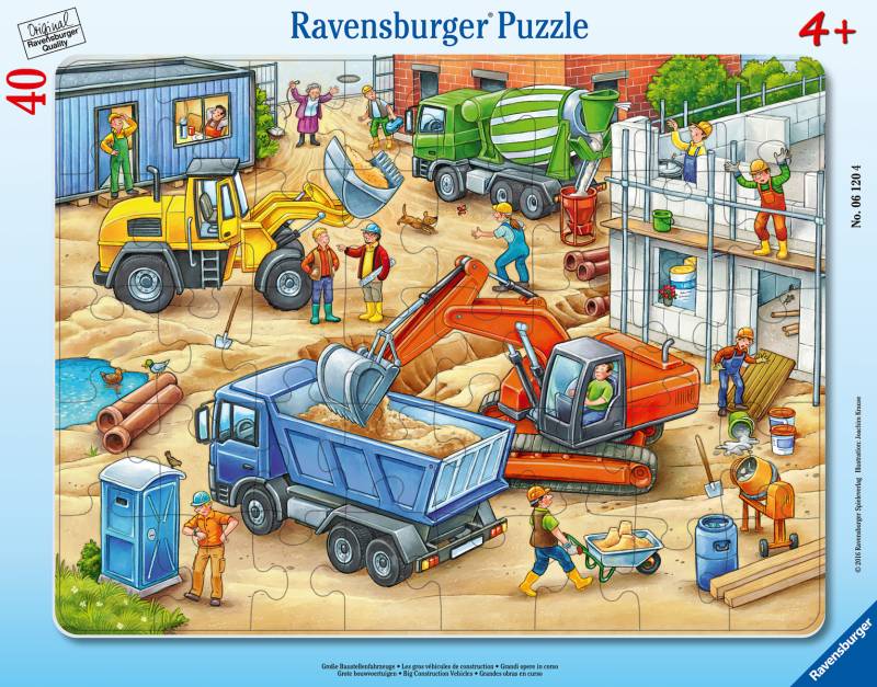 RAVENSBURGER Rahmenpuzzle 40 Teile: Große Baustellenfahrzeuge