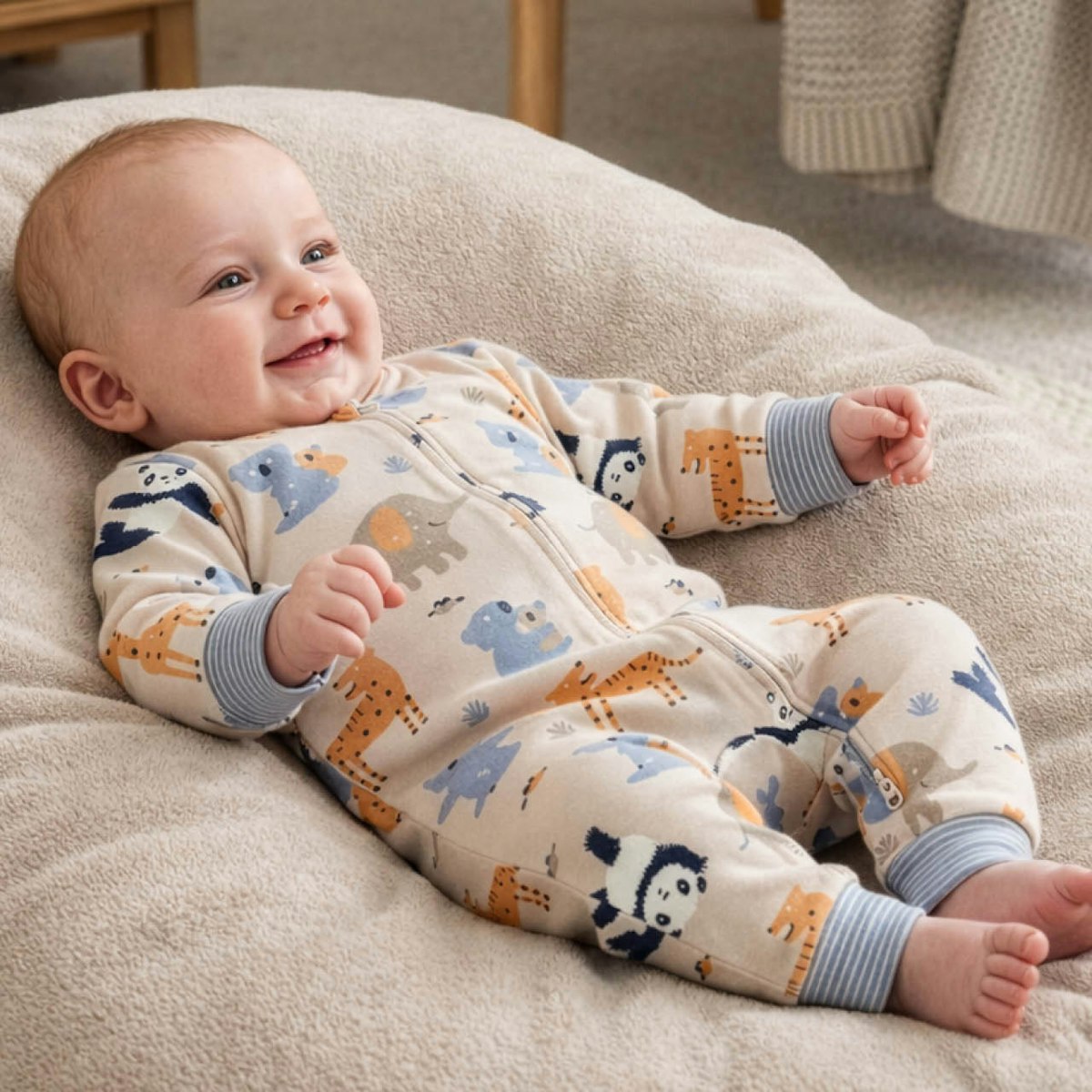 Rippe Langarmstrampler Waldtiere sand 62/68