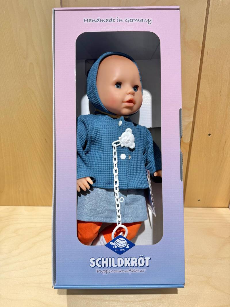 Schildkröt Puppen - Baby Amy blaue Augen, blaue Jacke und Rock, orange Leggins Schildkröt Puppen - Baby Amy blaue Augen, blaue Jacke und Rock, orange Leggins