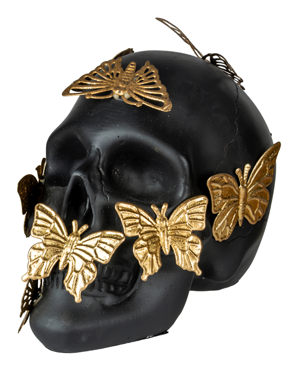 Schwarzer Totenschädel mit goldenen Schmetterlingen 15,5cm
