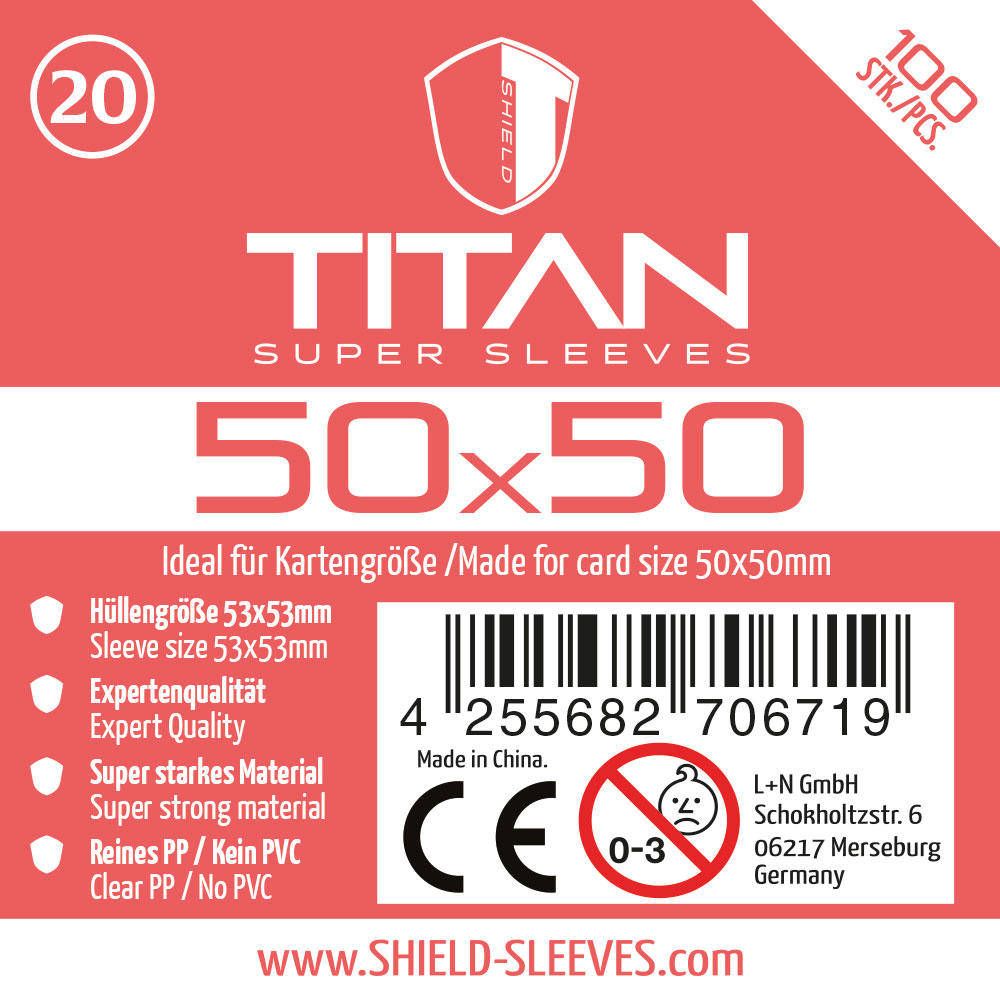 Shield Titan 20 - 100 Super Sleeves f�r Kartengr��e 50x50 mm Shield Titan 20 - 100 Super Sleeves f�r Kartengr��e 50x50 mm