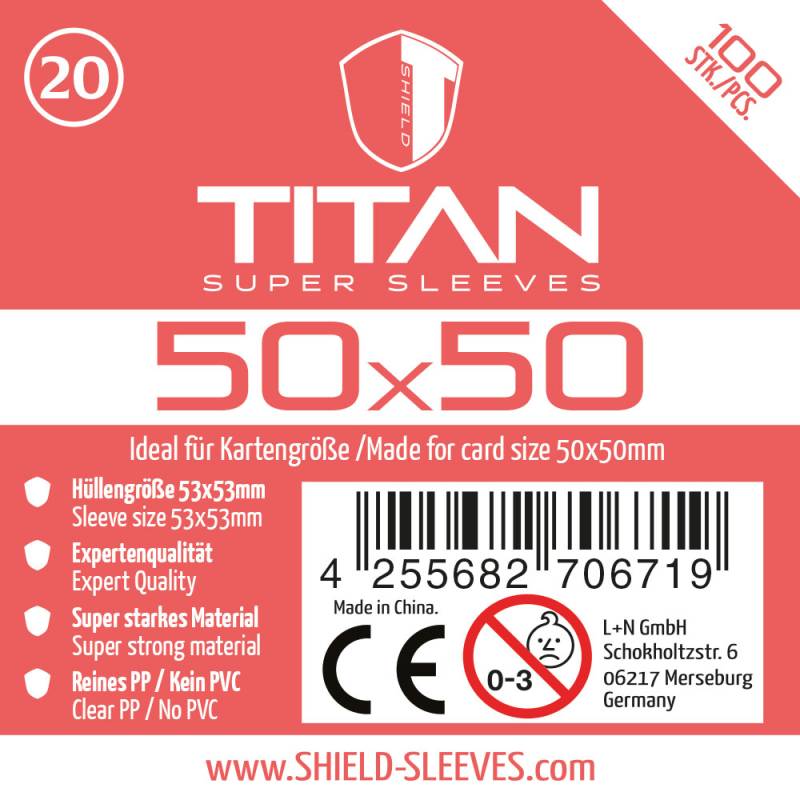 Shield Titan 20 - 100 Super Sleeves f�r Kartengr��e 50x50 mm Shield Titan 20 - 100 Super Sleeves f�r Kartengr��e 50x50 mm