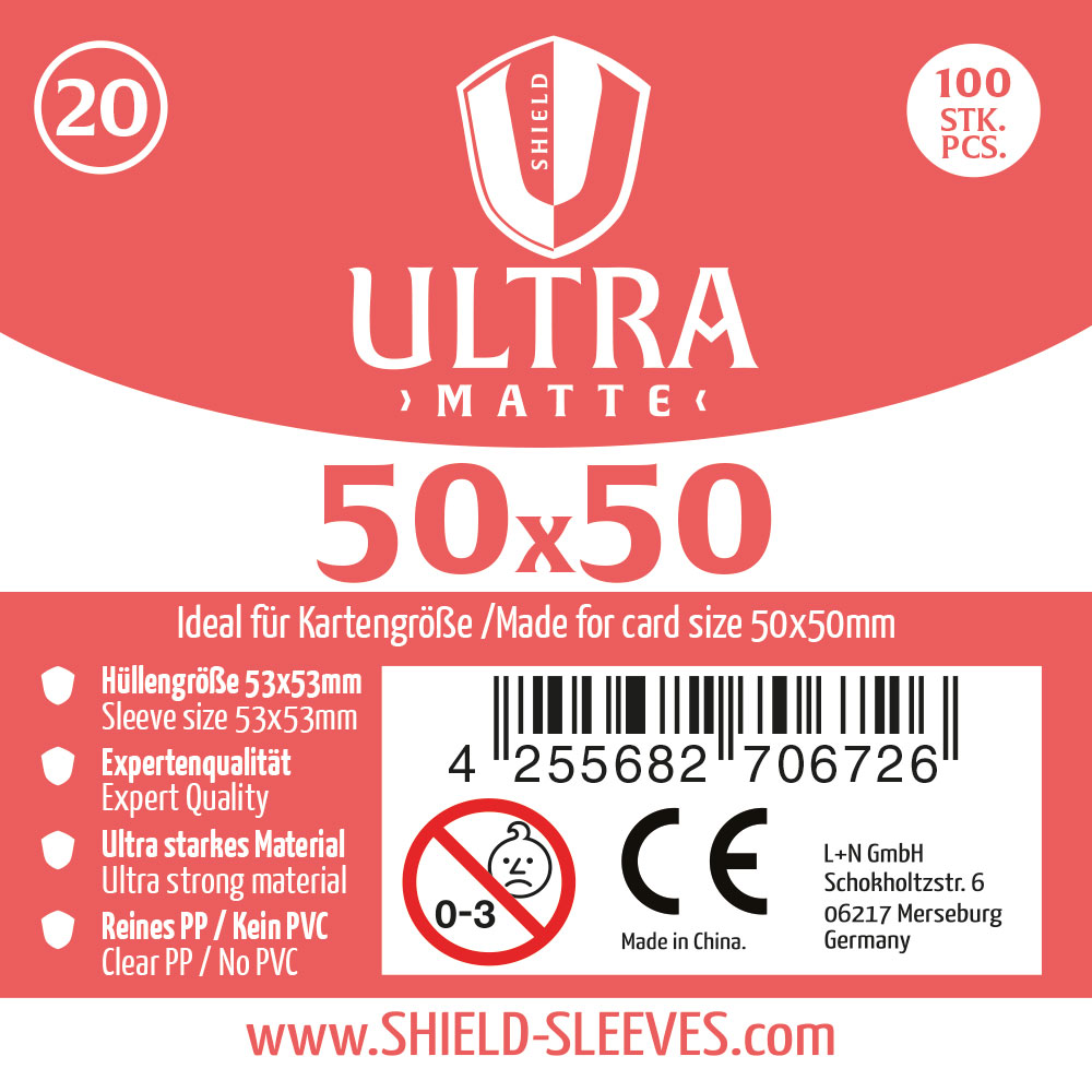 Shield Ultra Matte 20 - 100 Super Sleeves f�r Kartengr��e 50x50 mm Shield Ultra Matte 20 - 100 Super Sleeves f�r Kartengr��e 50x50 mm