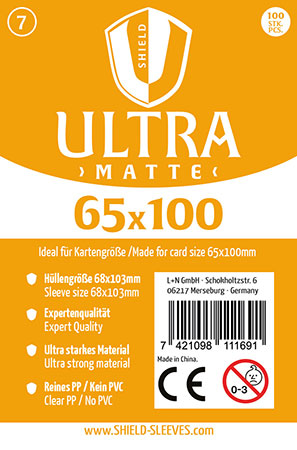 Shield Ultra Matte 7 - 100 Super Sleeves f�r Kartengr��e 65 x 100 mm Shield Ultra Matte 7 - 100 Super Sleeves f�r Kartengr��e 65 x 100 mm