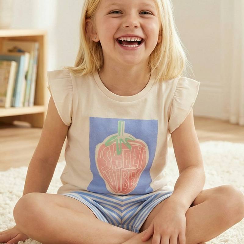 Sommer Kinder Schlafanzug kurz Erdbeere weiß 98/104