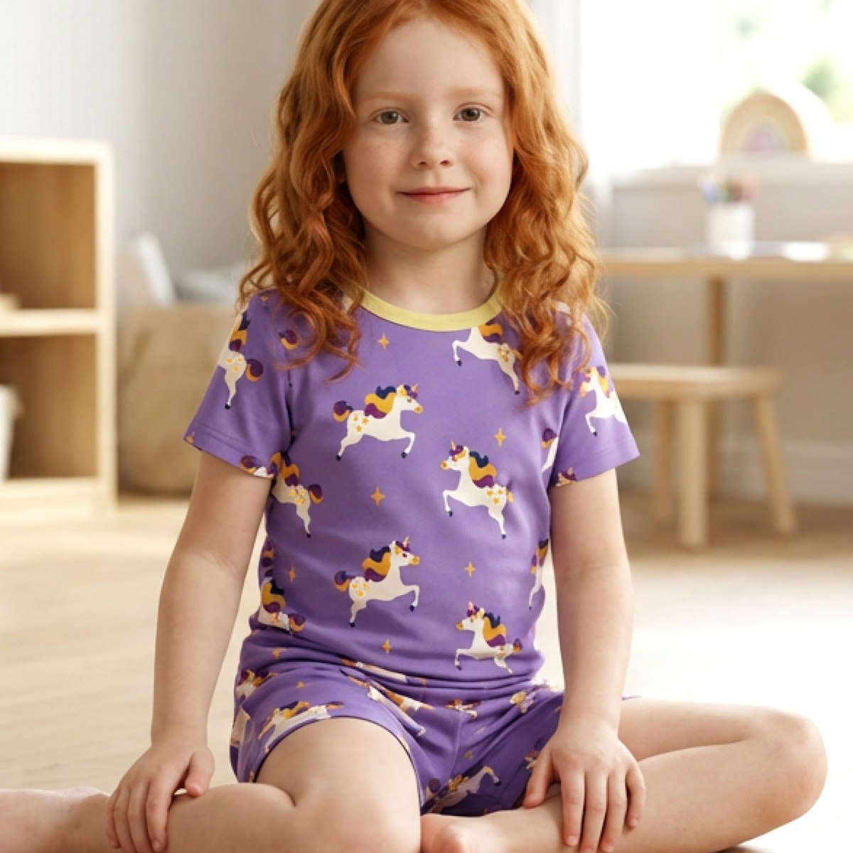 Sommerlicher Schlafanzug kurzam Einhörner lila 110/116