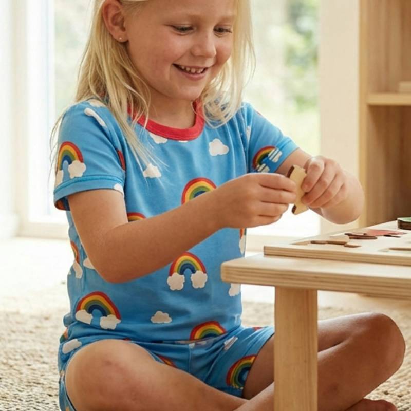 Sommerlicher Schlafanzug kurzam Regenbogen hellblau 122/128 Sommerlicher Schlafanzug kurzam Regenbogen hellblau 122/128