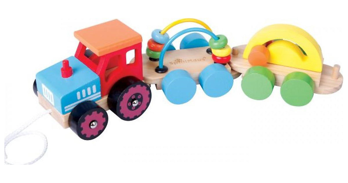 SpielMaus Holz Nachziehtraktor mit 2 Anhänger mehrfarbig