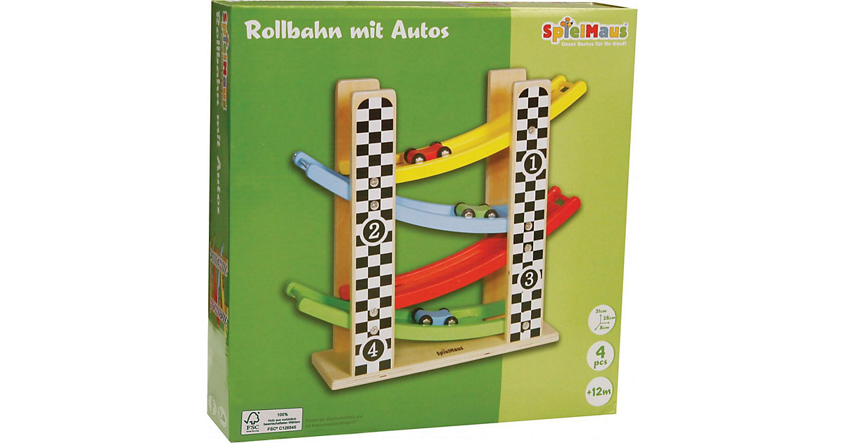 SpielMaus Holz Rollbahn mit Autos mehrfarbig