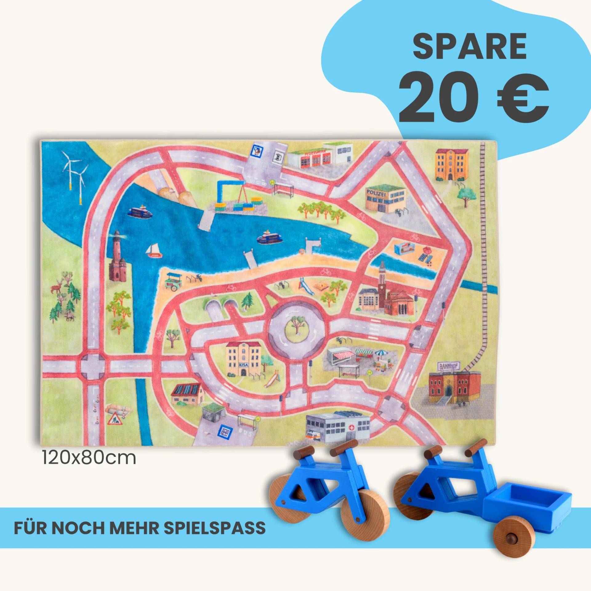 Spielteppich 120x80cm im Starter-Set | Spielzeugfahrrad aus Holz (Farbe): Blau | Spielzeuglastenrad aus Holz (Farbe): Blau | Flache Transportbox Lastenrad (Farbe): Blau