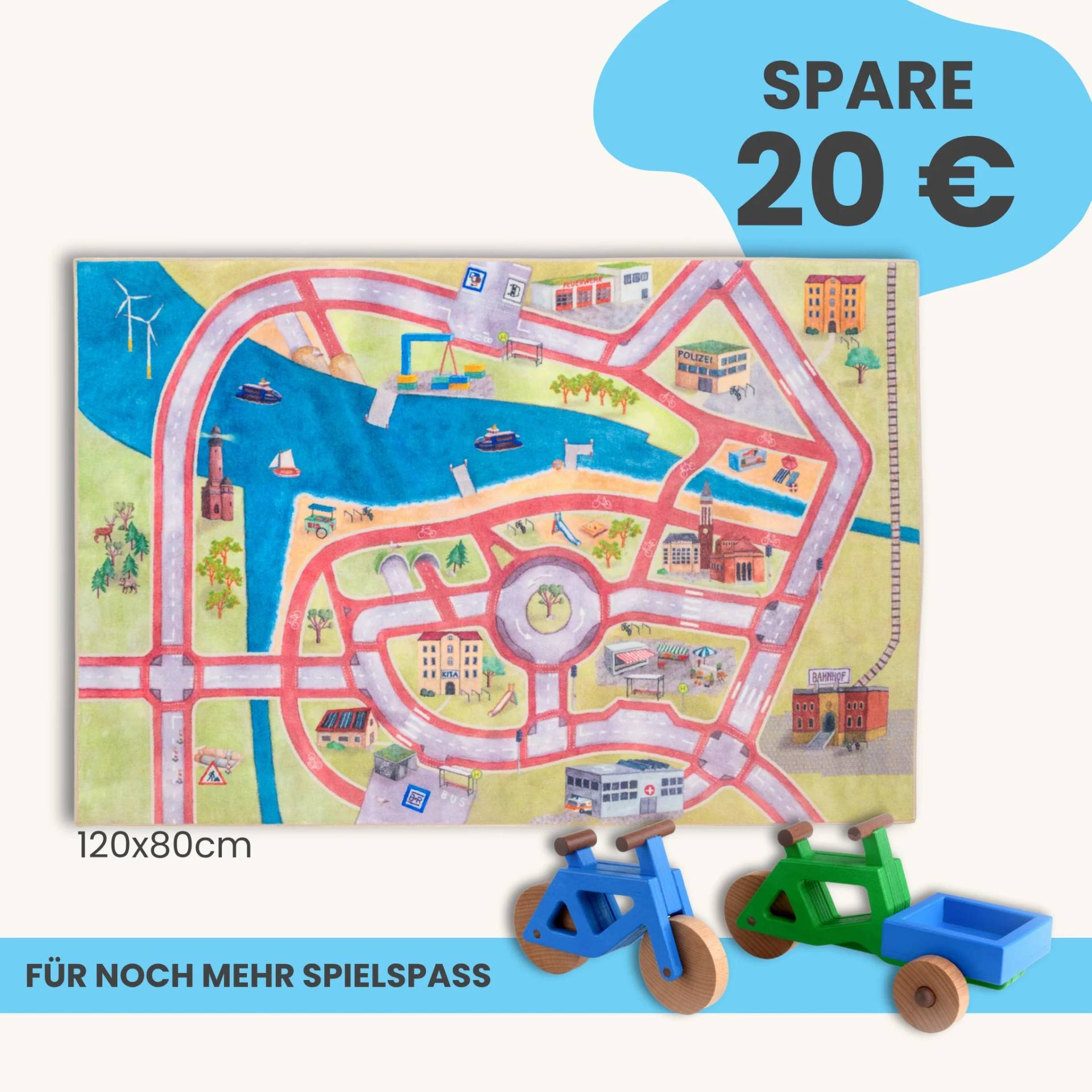 Spielteppich 120x80cm im Starter-Set | Spielzeugfahrrad aus Holz (Farbe): Blau | Spielzeuglastenrad aus Holz (Farbe): Grün | Flache Transportbox Lastenrad (Farbe): Blau