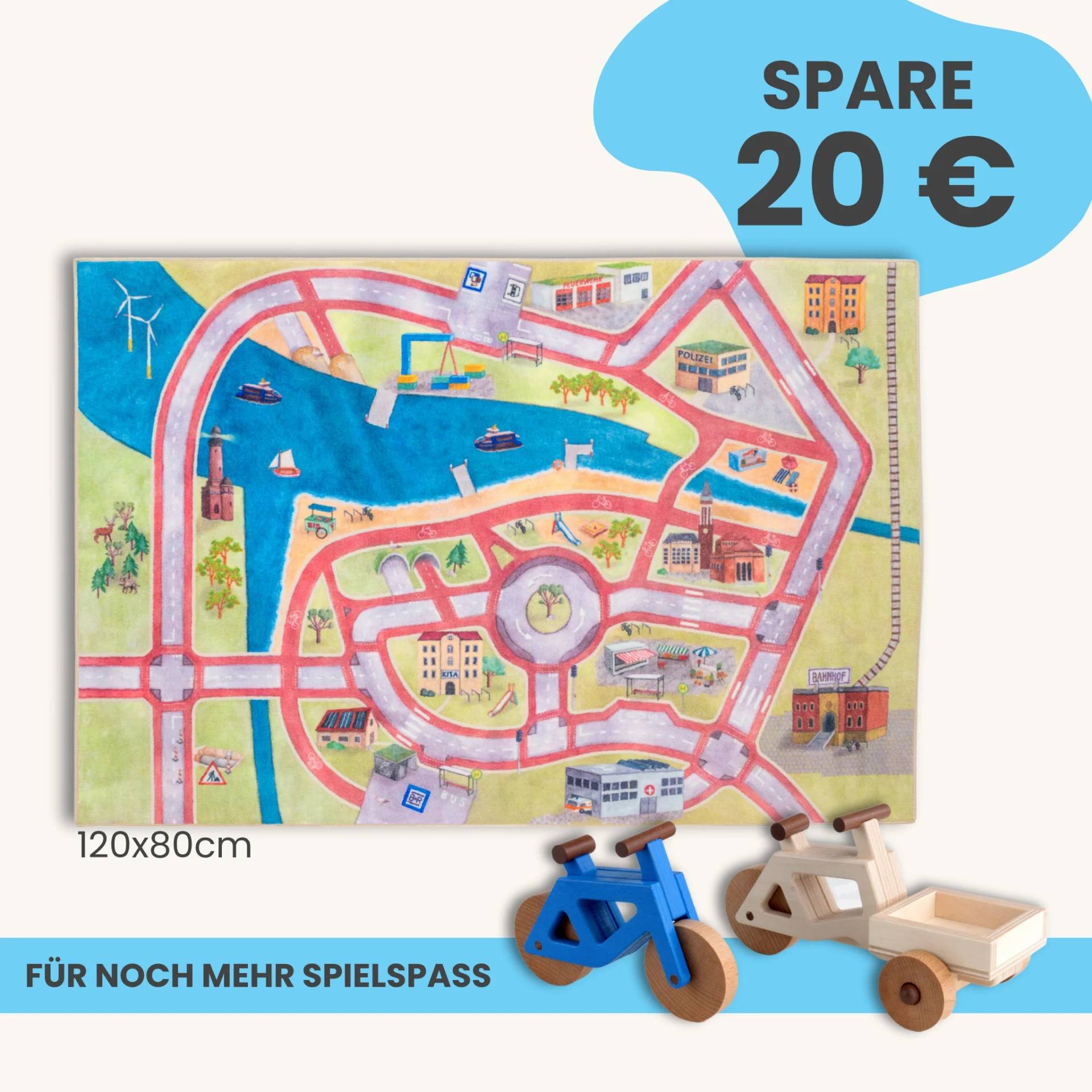 Spielteppich 120x80cm im Starter-Set | Spielzeugfahrrad aus Holz (Farbe): Blau | Spielzeuglastenrad aus Holz (Farbe): Natur | Flache Transportbox Lastenrad (Farbe): Natur