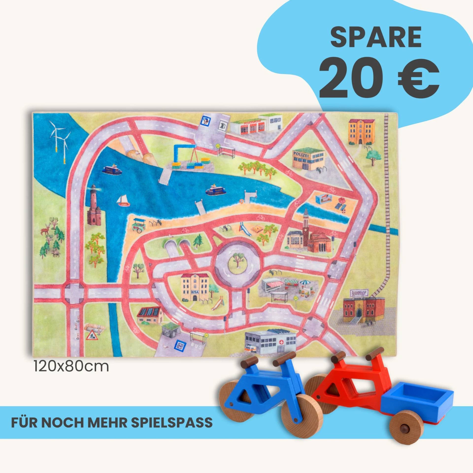 Spielteppich 120x80cm im Starter-Set | Spielzeugfahrrad aus Holz (Farbe): Blau | Spielzeuglastenrad aus Holz (Farbe): Rot | Flache Transportbox Lastenrad (Farbe): Blau