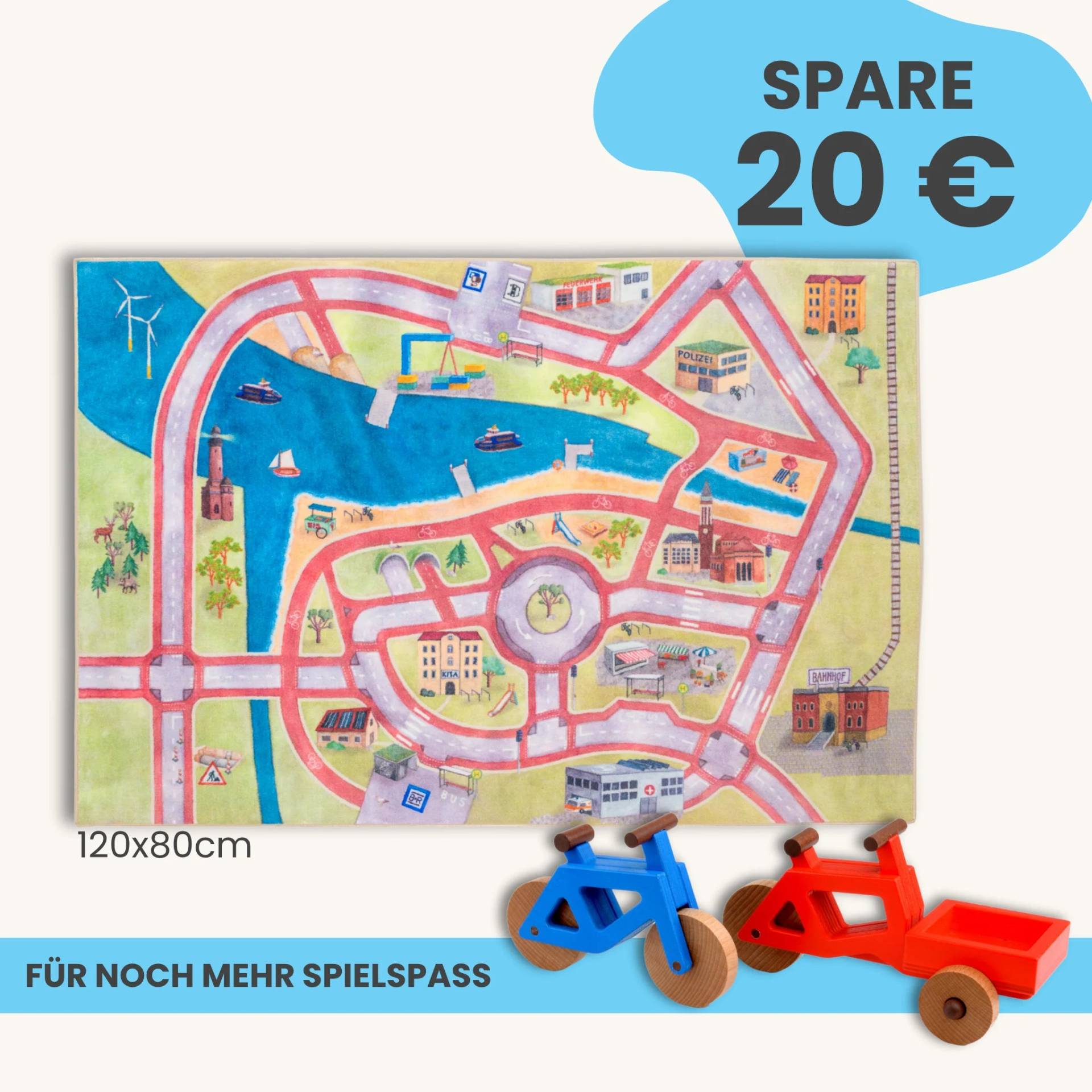 Spielteppich 120x80cm im Starter-Set | Spielzeugfahrrad aus Holz (Farbe): Blau | Spielzeuglastenrad aus Holz (Farbe): Rot | Flache Transportbox Lastenrad (Farbe): Rot