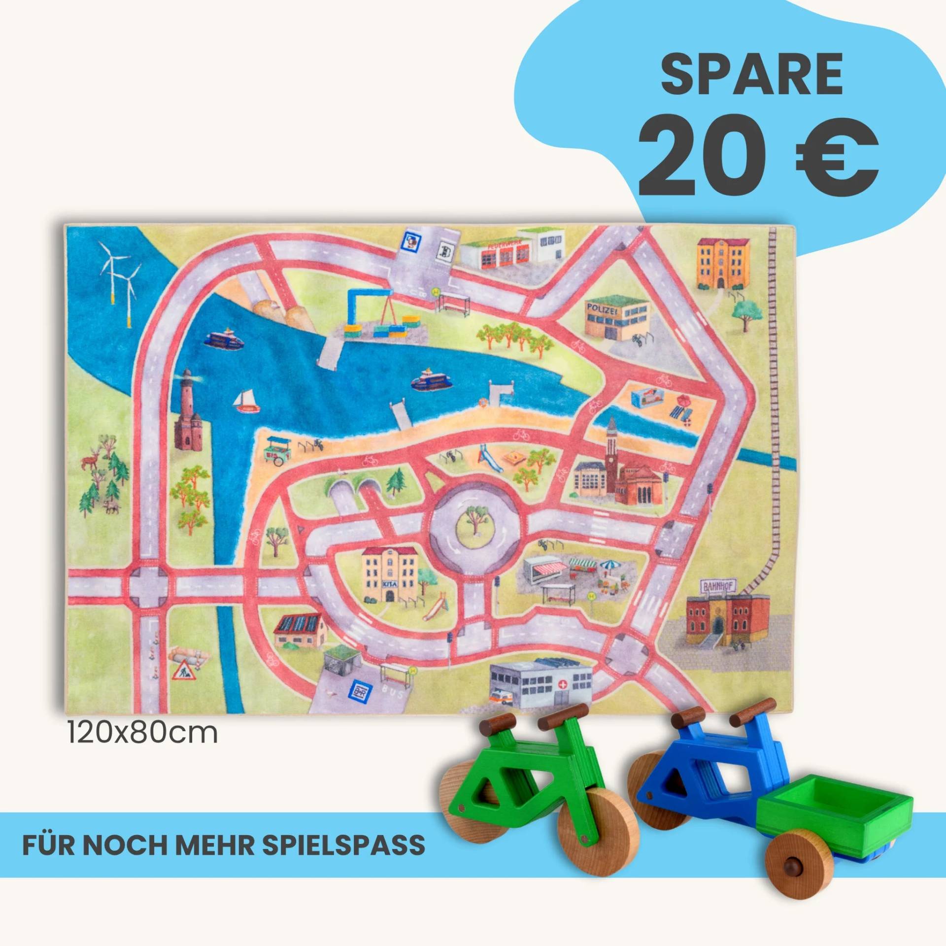 Spielteppich 120x80cm im Starter-Set | Spielzeugfahrrad aus Holz (Farbe): Grün | Spielzeuglastenrad aus Holz (Farbe): Blau | Flache Transportbox Lastenrad (Farbe): Grün