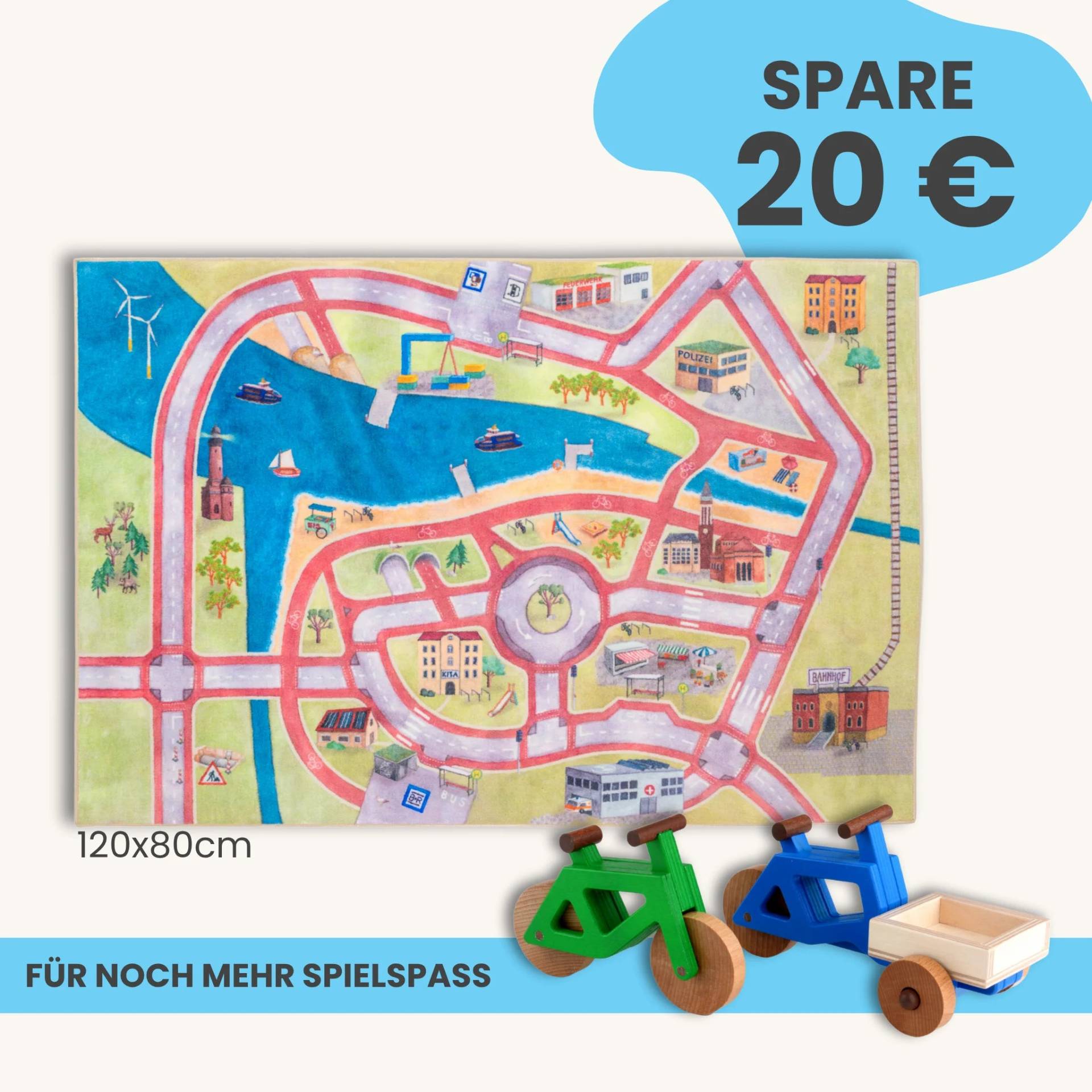Spielteppich 120x80cm im Starter-Set | Spielzeugfahrrad aus Holz (Farbe): Grün | Spielzeuglastenrad aus Holz (Farbe): Blau | Flache Transportbox Lastenrad (Farbe): Natur