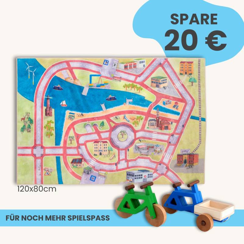 Spielteppich 120x80cm im Starter-Set | Spielzeugfahrrad aus Holz (Farbe): Grün | Spielzeuglastenrad aus Holz (Farbe): Blau | Flache Transportbox Lastenrad (Farbe): Natur
