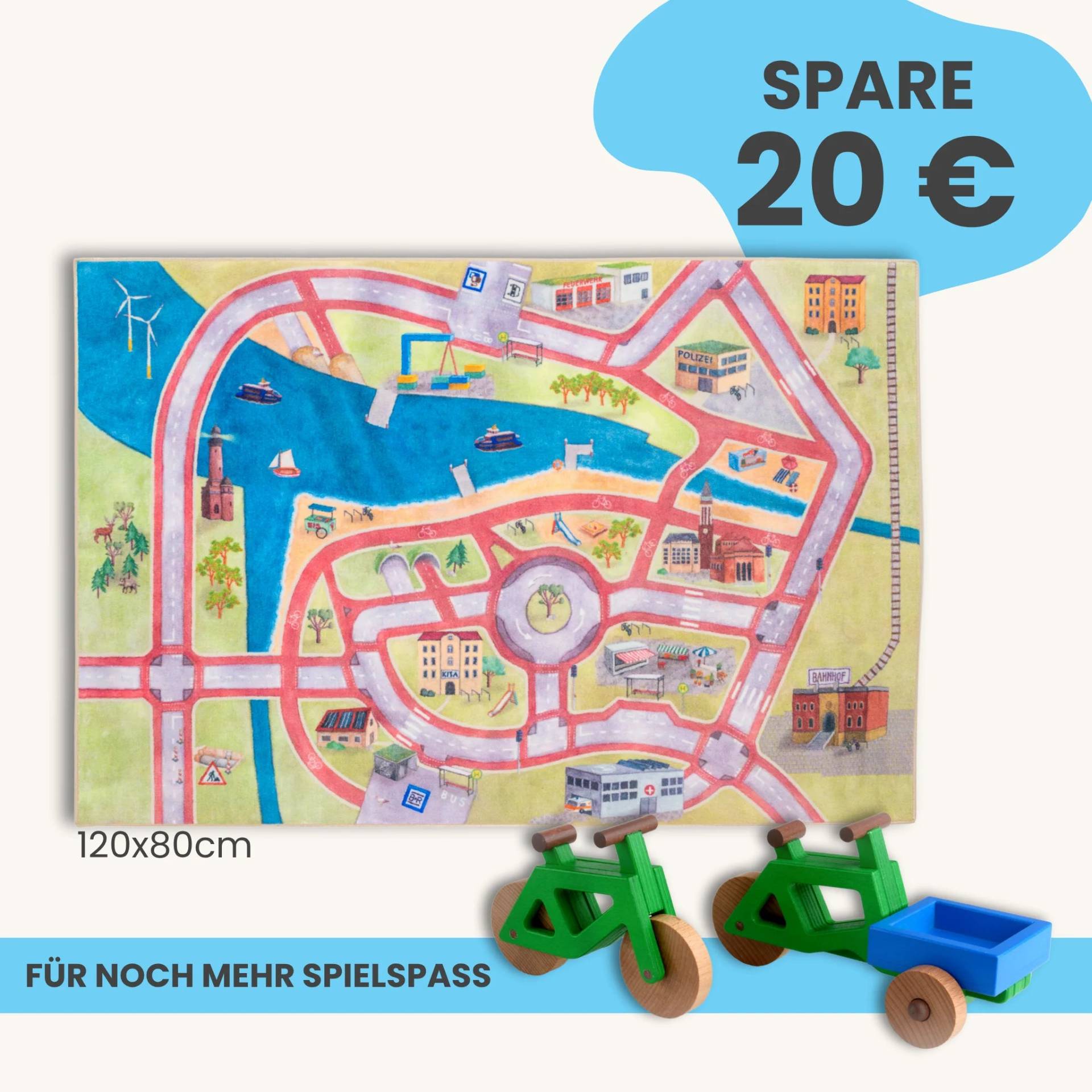 Spielteppich 120x80cm im Starter-Set | Spielzeugfahrrad aus Holz (Farbe): Grün | Spielzeuglastenrad aus Holz (Farbe): Grün | Flache Transportbox Lastenrad (Farbe): Blau