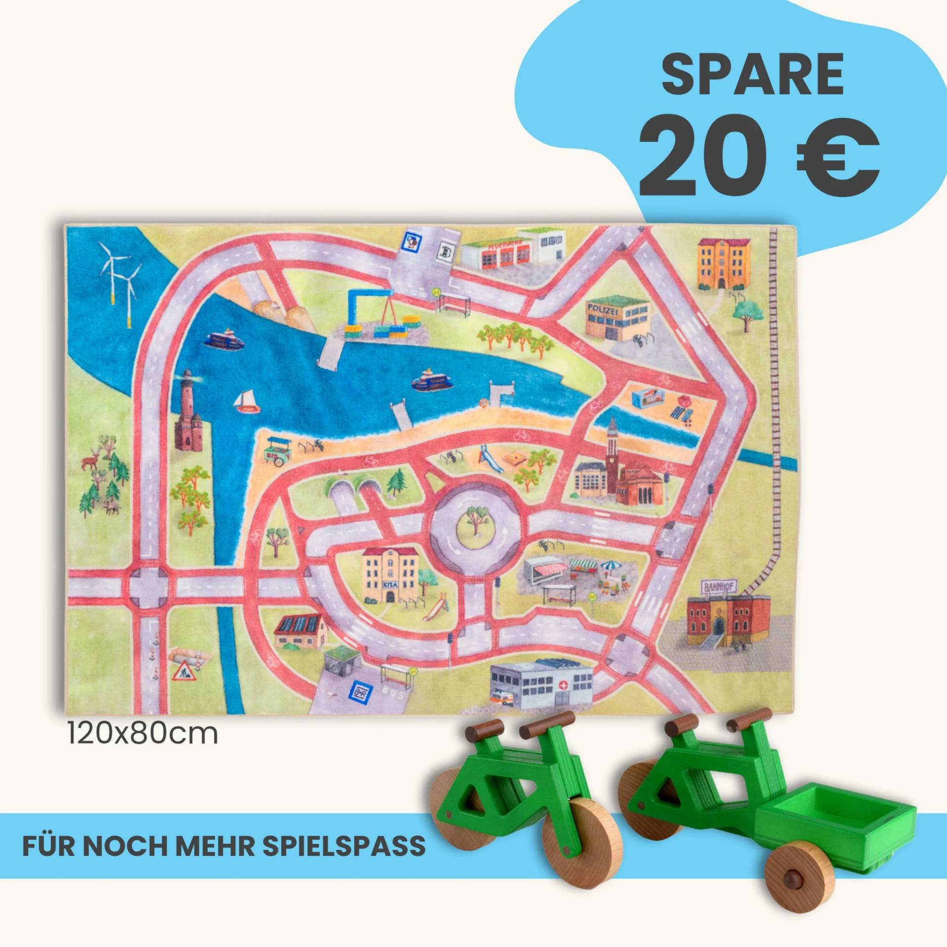 Spielteppich 120x80cm im Starter-Set | Spielzeugfahrrad aus Holz (Farbe): Grün | Spielzeuglastenrad aus Holz (Farbe): Grün | Flache Transportbox Lastenrad (Farbe): Grün