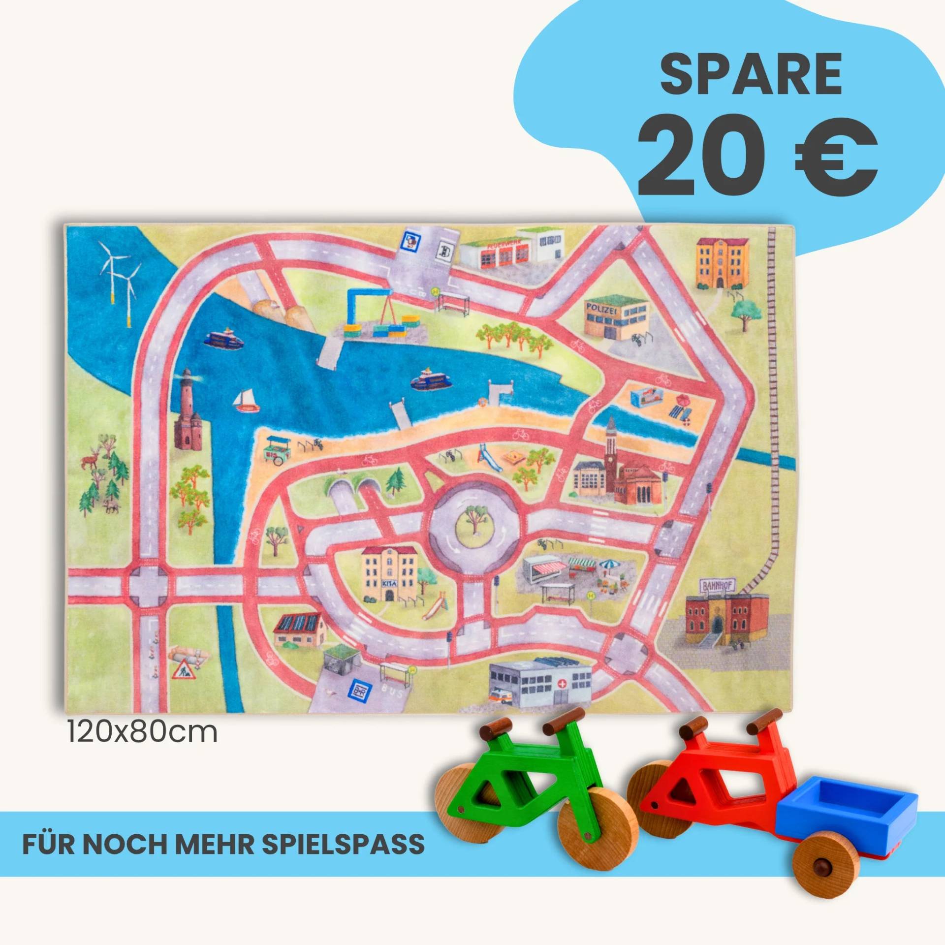Spielteppich 120x80cm im Starter-Set | Spielzeugfahrrad aus Holz (Farbe): Grün | Spielzeuglastenrad aus Holz (Farbe): Rot | Flache Transportbox Lastenrad (Farbe): Blau