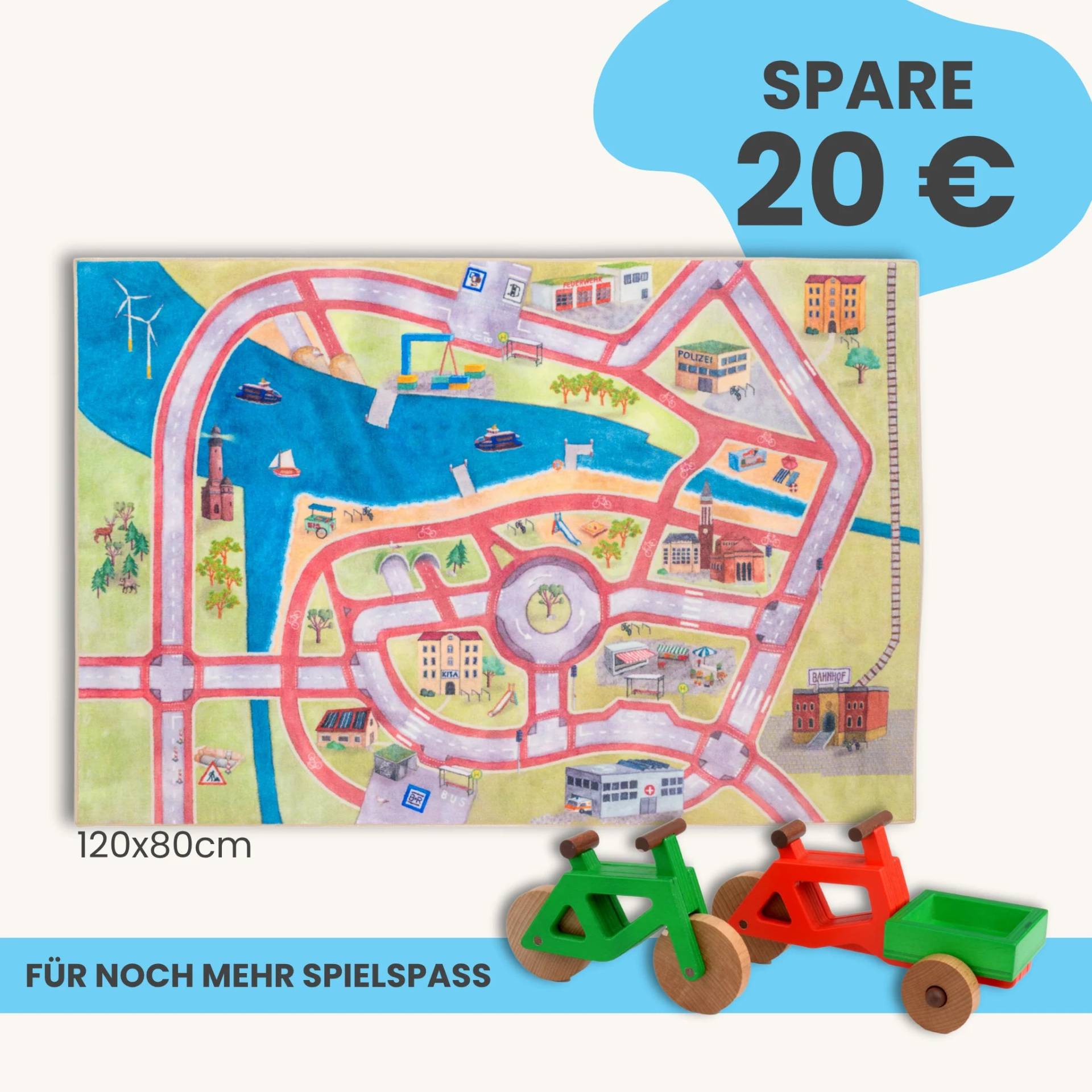 Spielteppich 120x80cm im Starter-Set | Spielzeugfahrrad aus Holz (Farbe): Grün | Spielzeuglastenrad aus Holz (Farbe): Rot | Flache Transportbox Lastenrad (Farbe): Grün