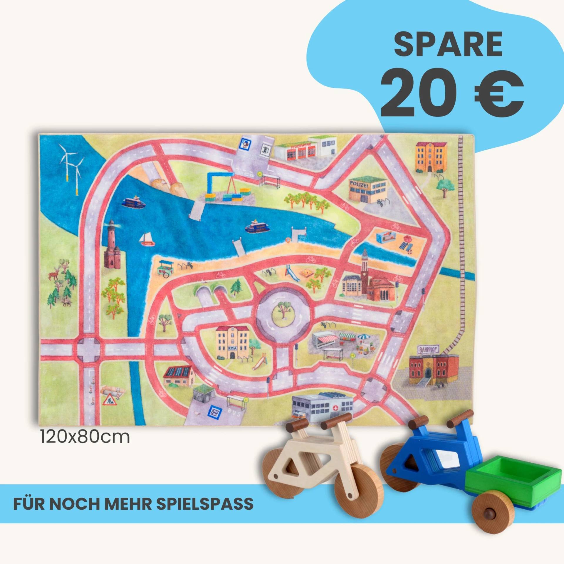Spielteppich 120x80cm im Starter-Set | Spielzeugfahrrad aus Holz (Farbe): Natur | Spielzeuglastenrad aus Holz (Farbe): Blau | Flache Transportbox Lastenrad (Farbe): Grün