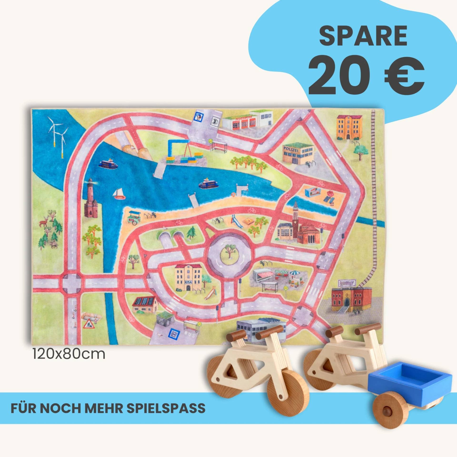Spielteppich 120x80cm im Starter-Set | Spielzeugfahrrad aus Holz (Farbe): Natur | Spielzeuglastenrad aus Holz (Farbe): Natur | Flache Transportbox Lastenrad (Farbe): Blau