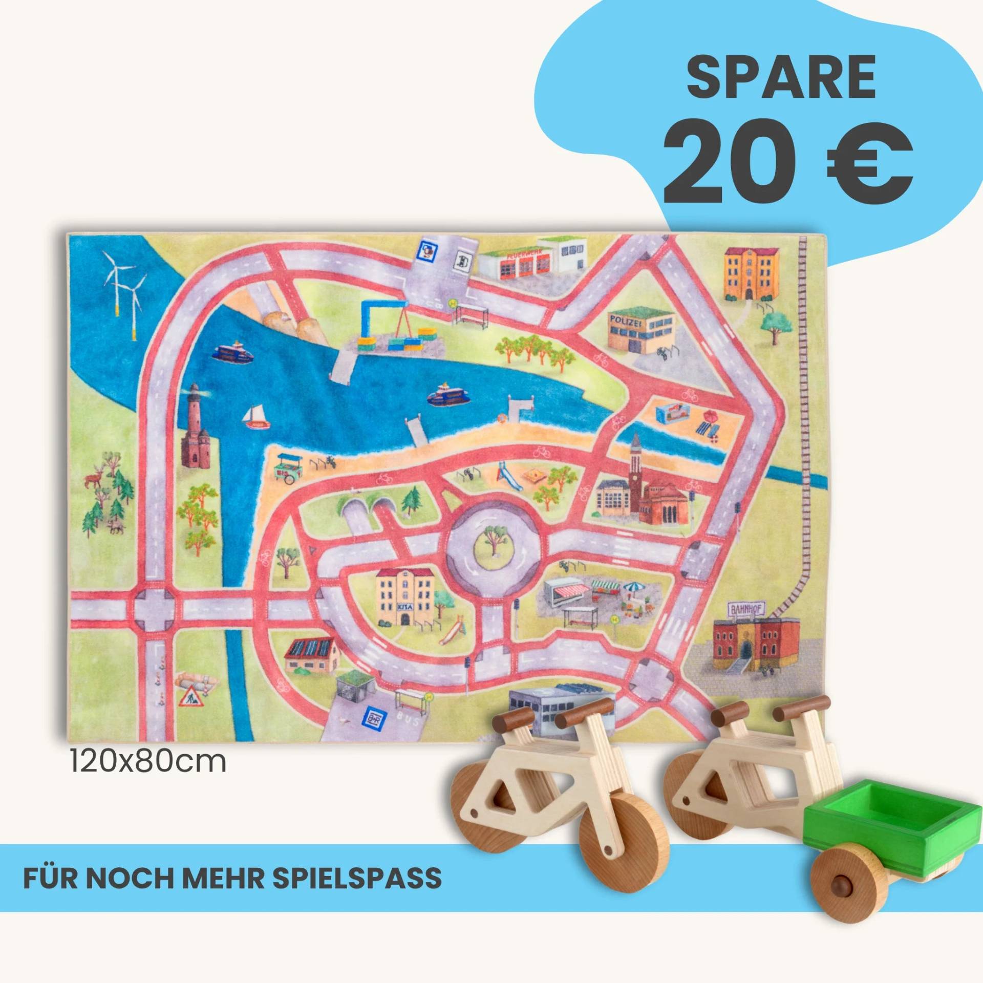 Spielteppich 120x80cm im Starter-Set | Spielzeugfahrrad aus Holz (Farbe): Natur | Spielzeuglastenrad aus Holz (Farbe): Natur | Flache Transportbox Lastenrad (Farbe): Grün