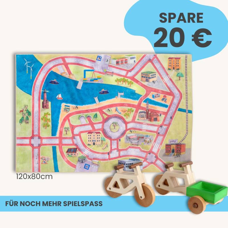Spielteppich 120x80cm im Starter-Set | Spielzeugfahrrad aus Holz (Farbe): Natur | Spielzeuglastenrad aus Holz (Farbe): Natur | Flache Transportbox Lastenrad (Farbe): Grün