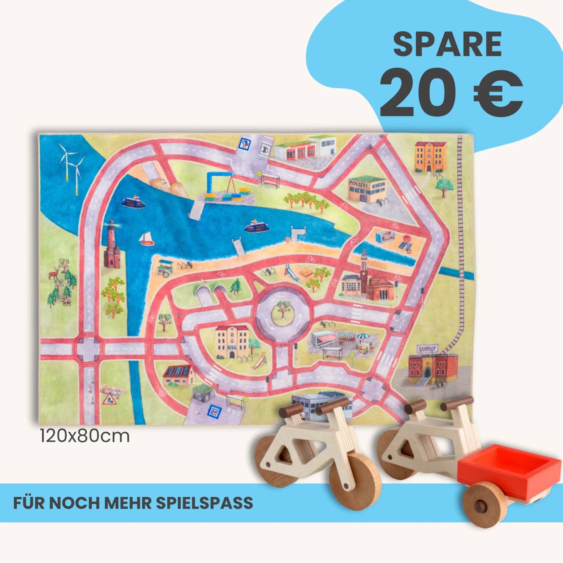 Spielteppich 120x80cm im Starter-Set | Spielzeugfahrrad aus Holz (Farbe): Natur | Spielzeuglastenrad aus Holz (Farbe): Natur | Flache Transportbox Lastenrad (Farbe): Rot