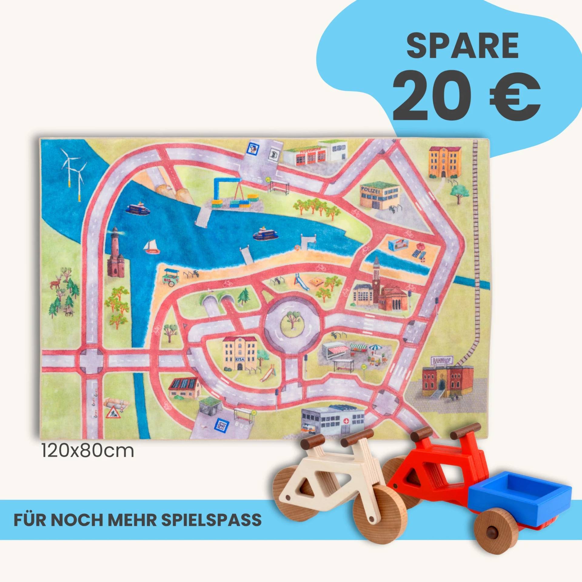 Spielteppich 120x80cm im Starter-Set | Spielzeugfahrrad aus Holz (Farbe): Natur | Spielzeuglastenrad aus Holz (Farbe): Rot | Flache Transportbox Lastenrad (Farbe): Blau