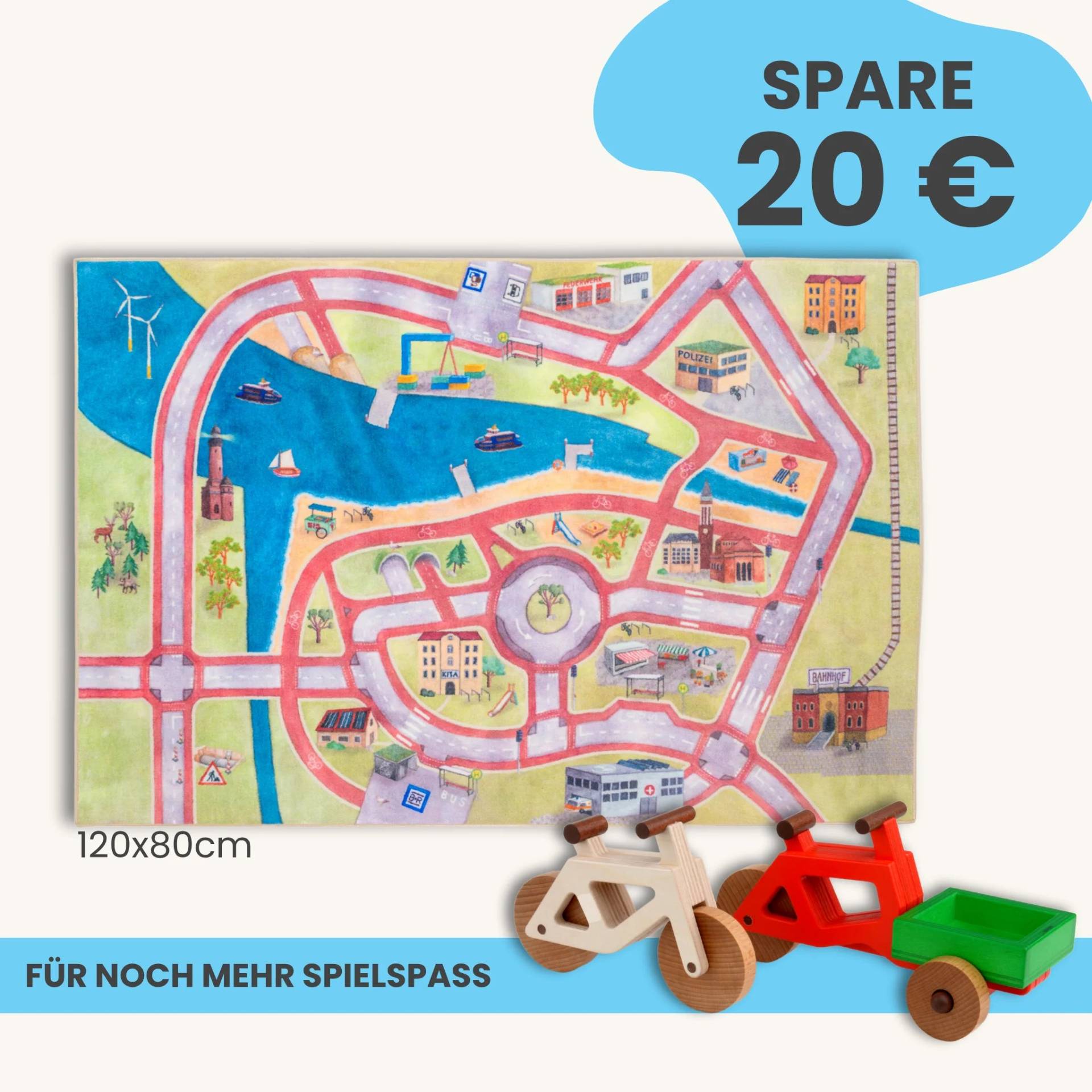 Spielteppich 120x80cm im Starter-Set | Spielzeugfahrrad aus Holz (Farbe): Natur | Spielzeuglastenrad aus Holz (Farbe): Rot | Flache Transportbox Lastenrad (Farbe): Grün
