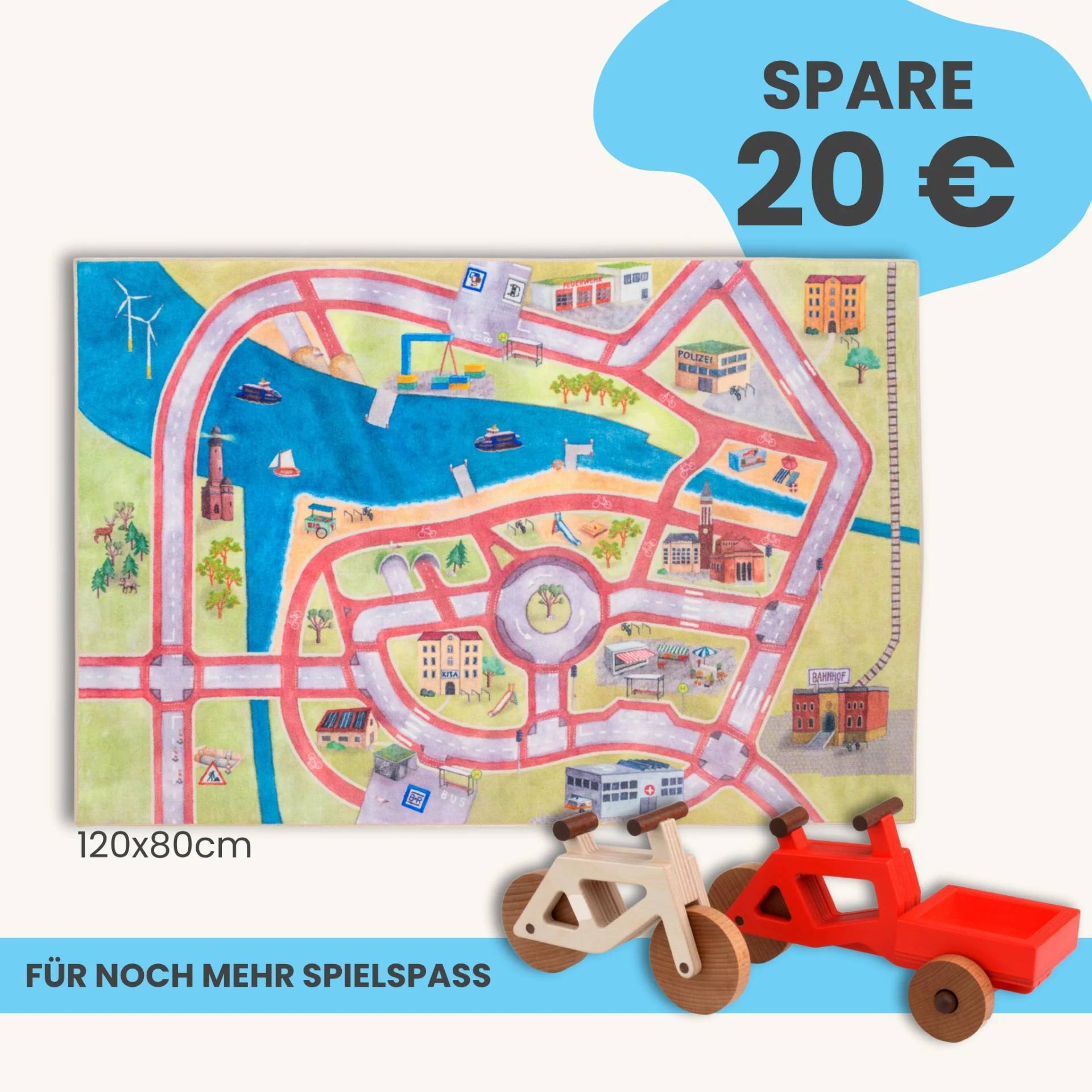 Spielteppich 120x80cm im Starter-Set | Spielzeugfahrrad aus Holz (Farbe): Natur | Spielzeuglastenrad aus Holz (Farbe): Rot | Flache Transportbox Lastenrad (Farbe): Rot
